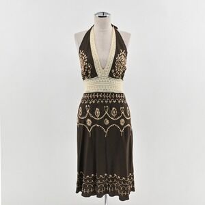 Vintage Y2k Elan Halter Embroidered Dress Size M Crochet Fairy Grunge Brown Boho